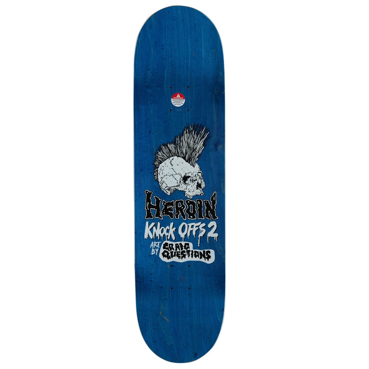 A blue skateboard deck featuring a graphic of a skull with a mohawk, the text 'Hardin Knock Offs 2' and 'Skate Questions' in white and black.