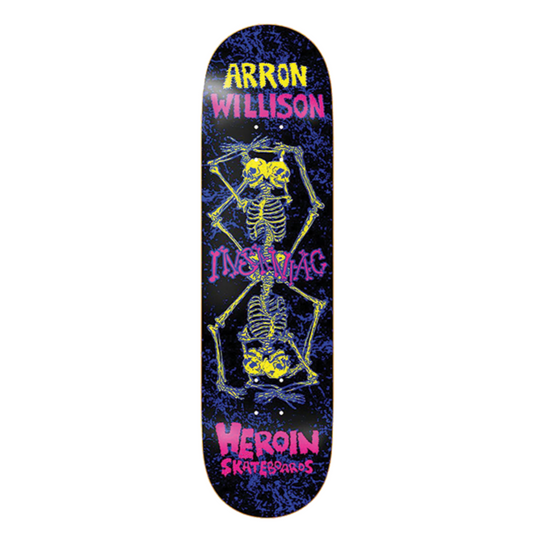 Skateboard deck with skeleton design and text on a white background