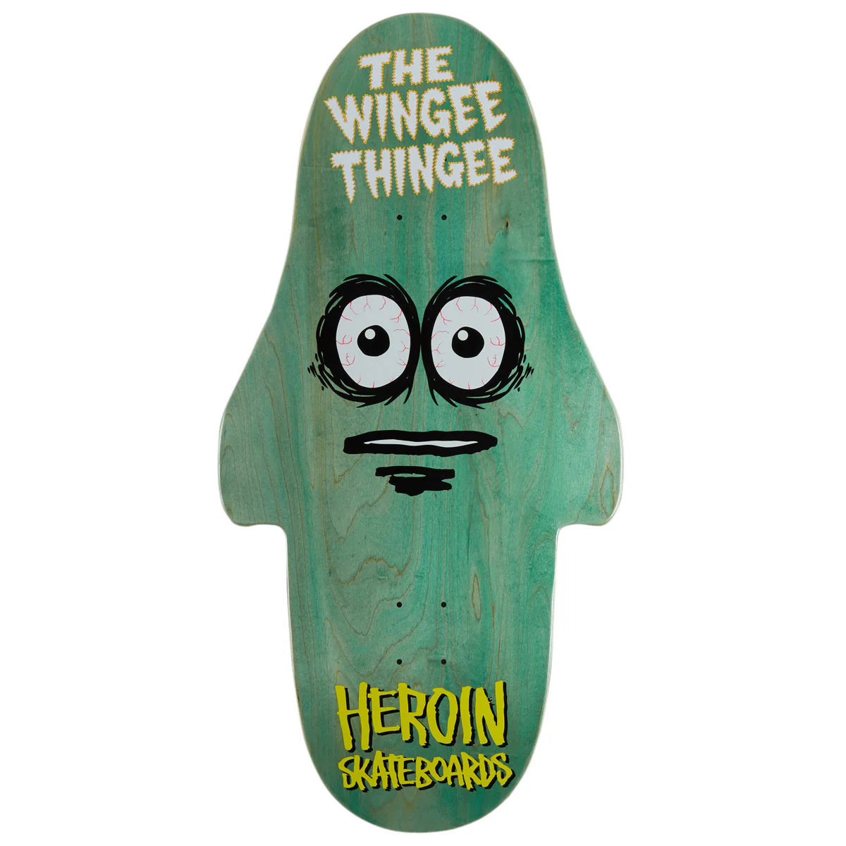 A green skateboard deck with a cartoon face graphic and text reading 'THE WINGEE THINGEE' and 'HEROIN SKATEBOARDS' on a plain white background.