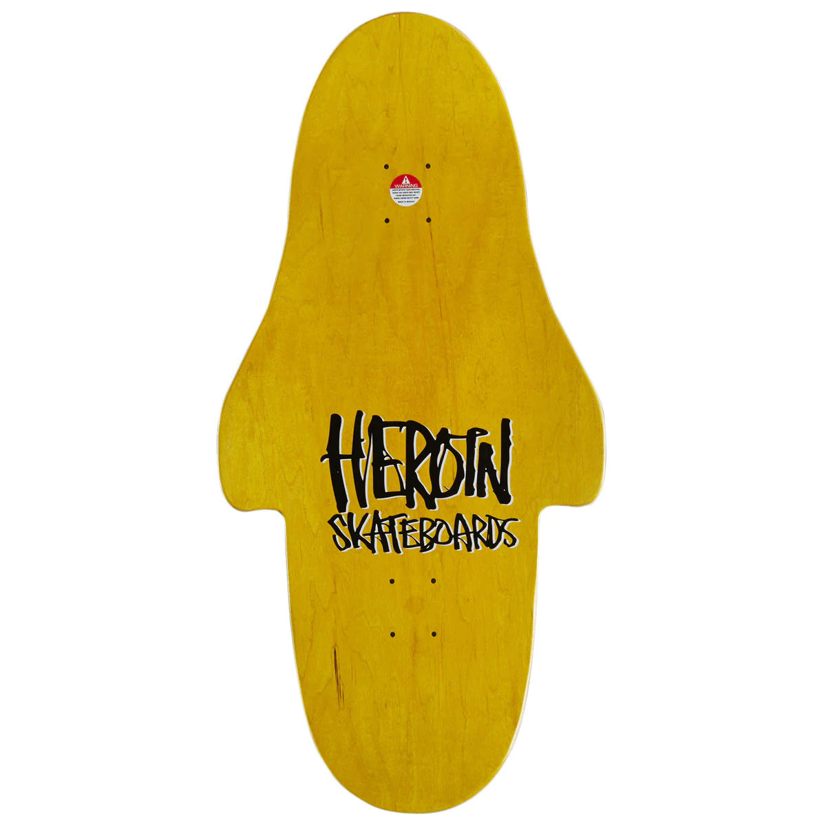 A yellow skateboard deck with a black 'HEROIN SKATEBOARDS' logo printed in the center, shown against a plain white background.