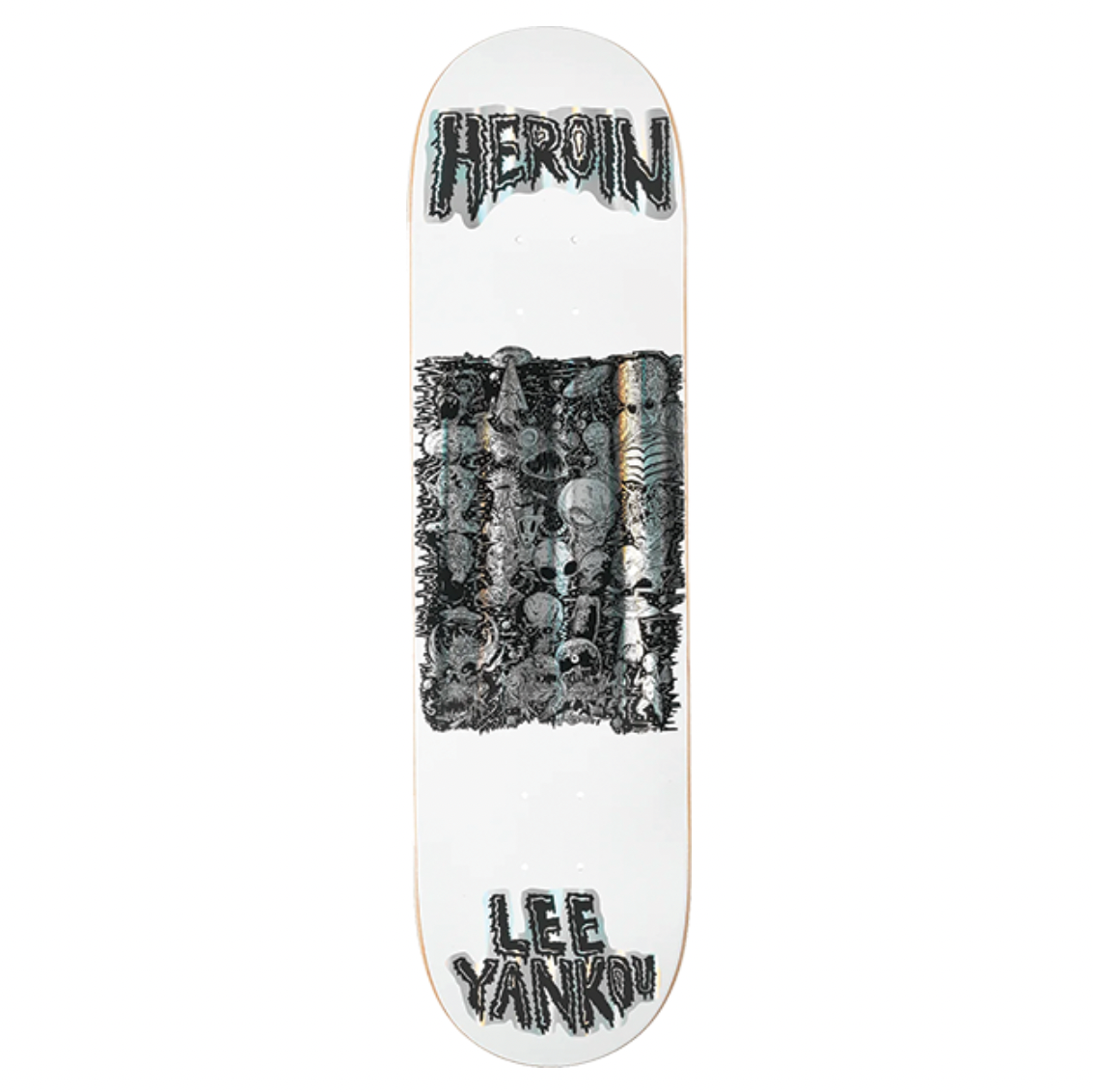 Skateboard deck with 'Heroin' and 'Lee Young' branding on a white background