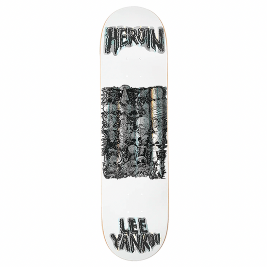 Skateboard deck with 'Heroin' and 'Lee Young' branding on a white background