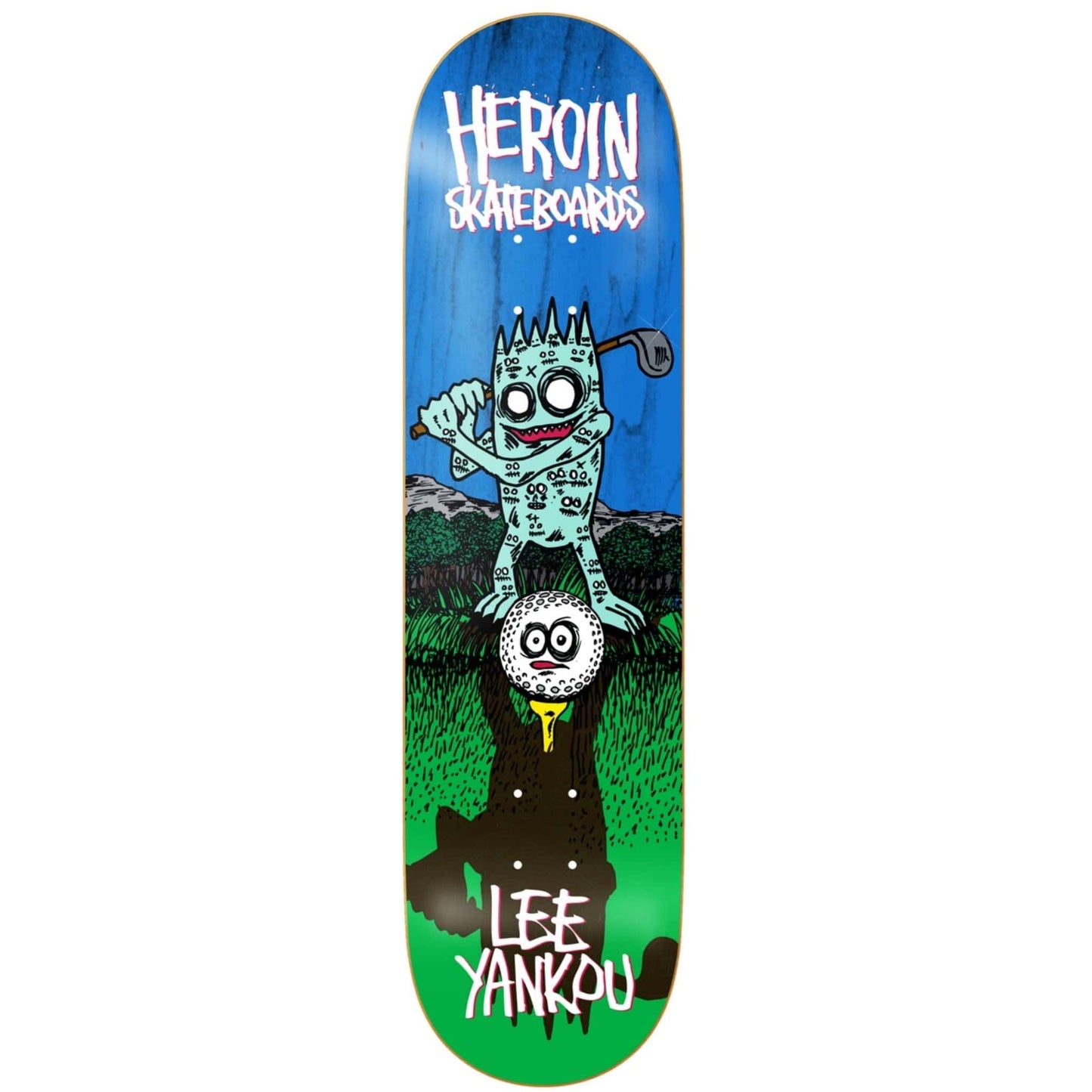 Skateboard deck with cartoon characters and 'Heroin Skateboards' branding on a blue and green background.
