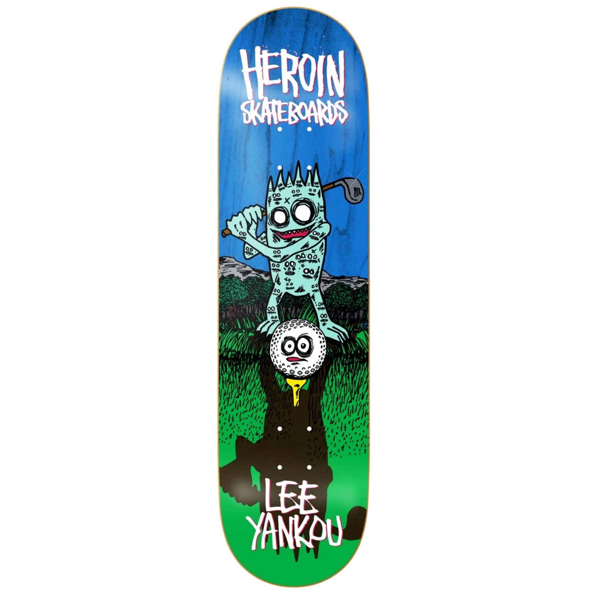 Skateboard deck with cartoon characters and 'Heroin Skateboards' branding on a blue and green background.