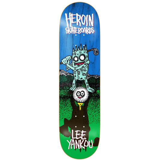 Skateboard deck with cartoon characters and 'Heroin Skateboards' branding on a blue and green background.
