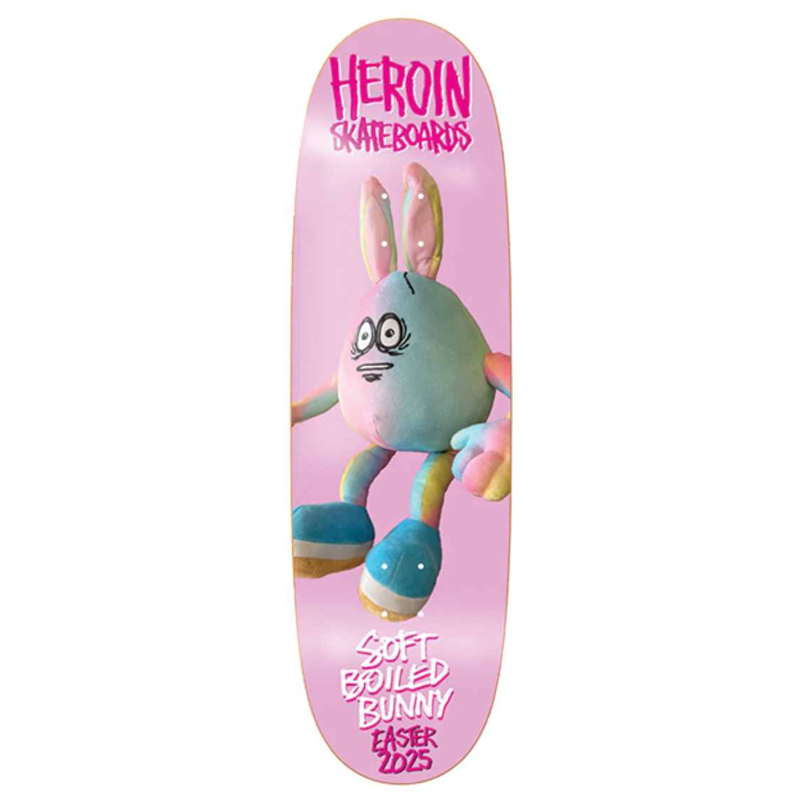 Skateboard deck with a cartoon bunny design and 'Heroin Skateboards' branding on a pink background.