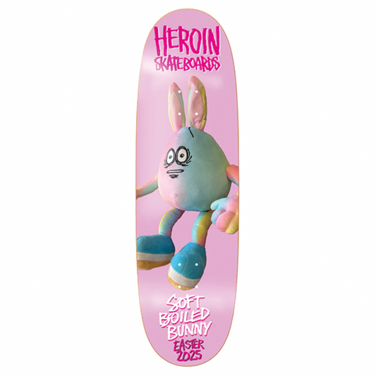 Skateboard deck with a cartoon bunny design and 'Heroin Skateboards' branding on a pink background.