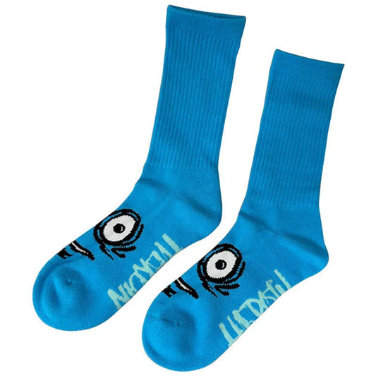 Blue socks with cartoon face design on a white background