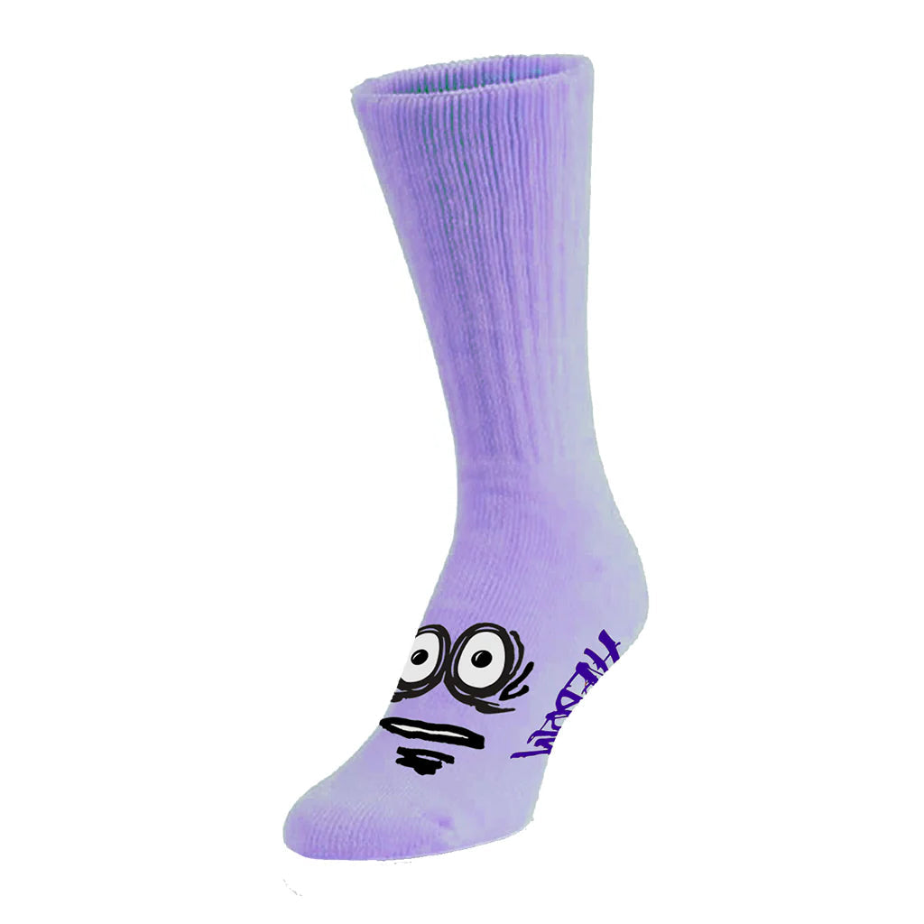 Purple sock with a cartoon face design on a white background