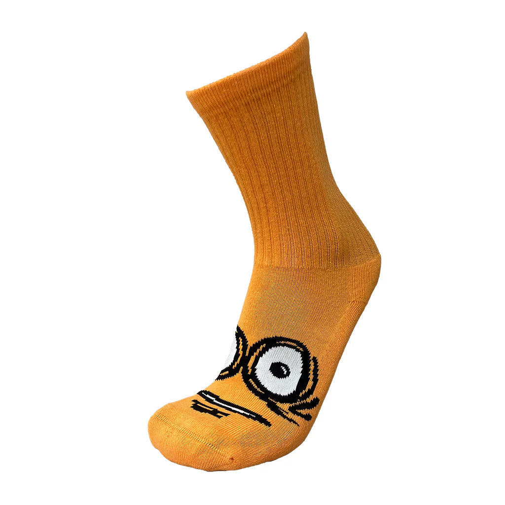 Orange sock with a cartoon eye design on a white background