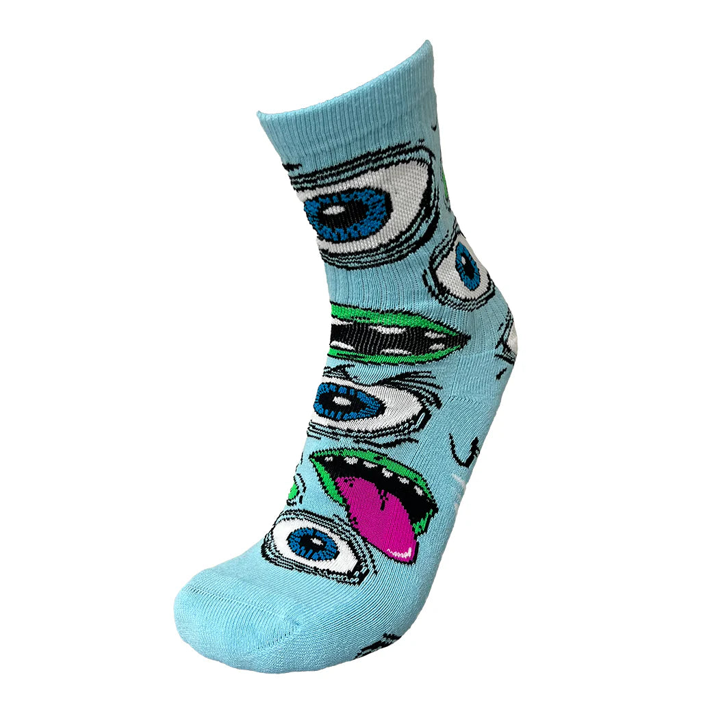 Light blue sock with eye pattern on a white background
