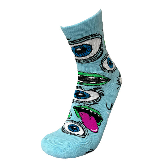 Light blue sock with eye pattern on a white background