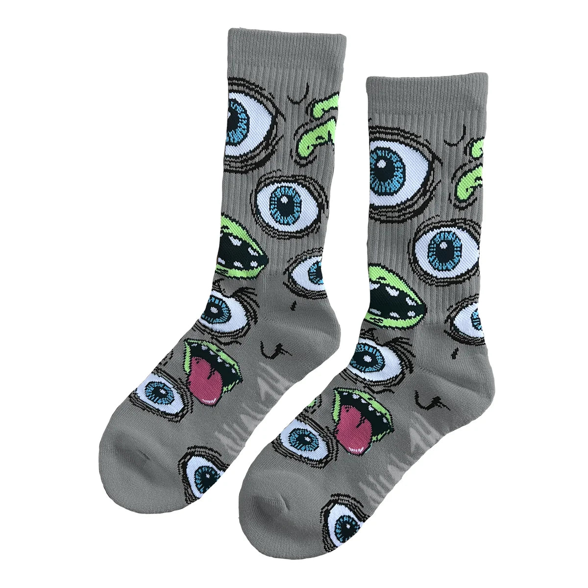 A pair of gray crew socks featuring a repeating cartoon monster face pattern with blue eyes, green accents, and pink tongues, shown on a plain white background.