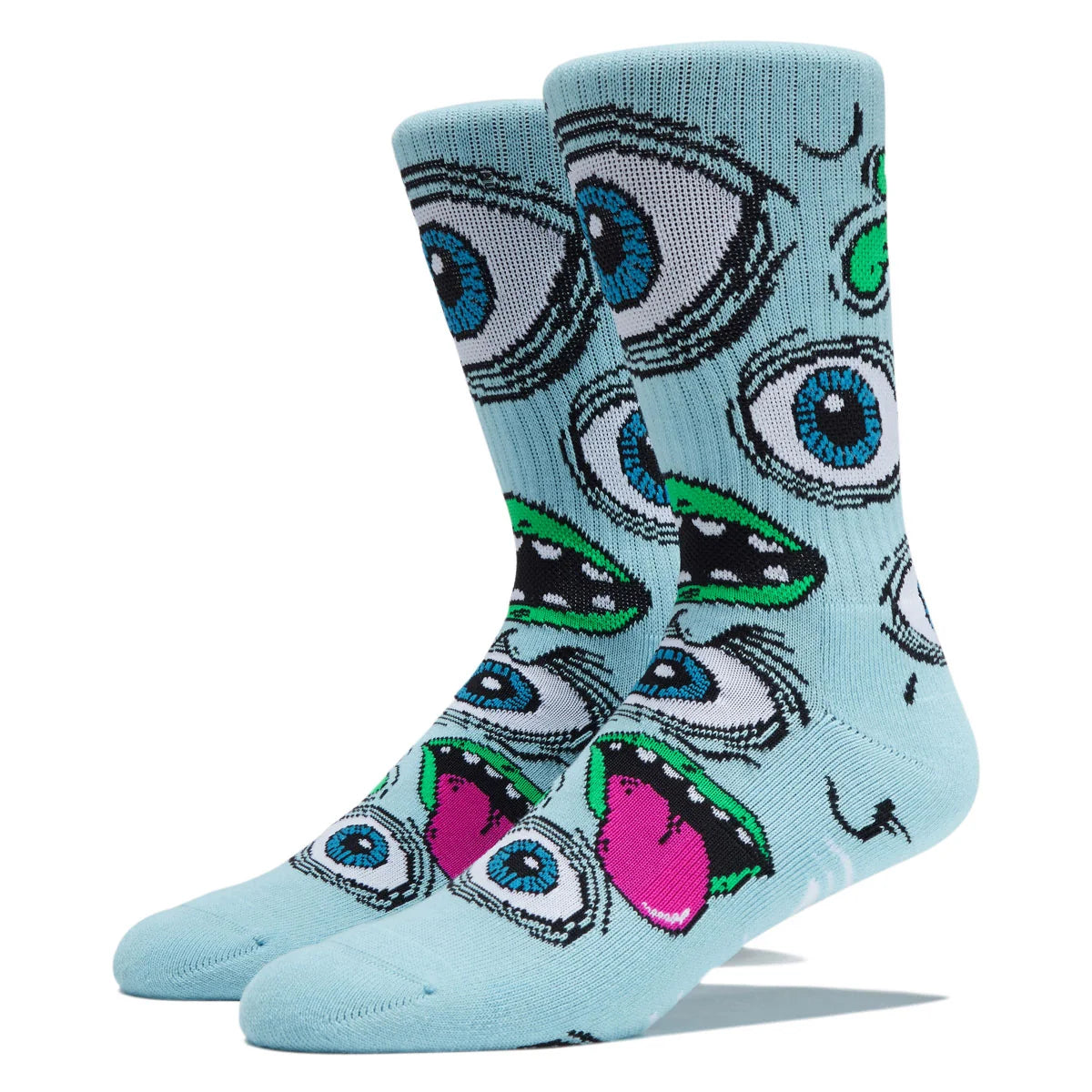 A pair of light blue crew socks featuring a repeating pattern of stylized cartoon eyes with blue irises, black outlines, and bright green and pink details, shown on a plain white background.