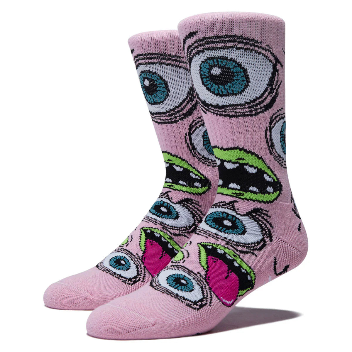 Pink socks with eye design on a white background