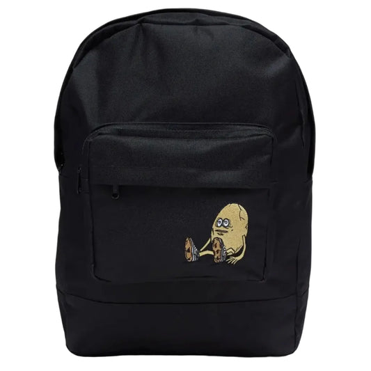 Black backpack with a cartoon character patch on a white background