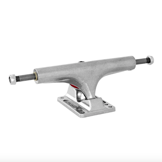 Skateboard truck with a metallic finish on a white background