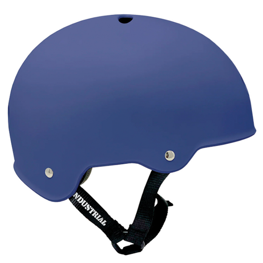 Blue helmet with a brand logo on a white background