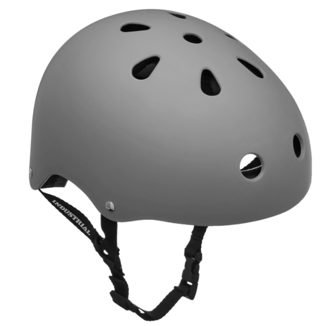 Gray helmet with black straps on a white background