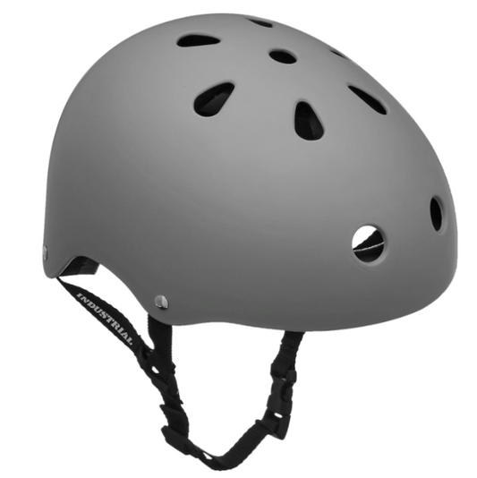 Gray helmet with black straps on a white background