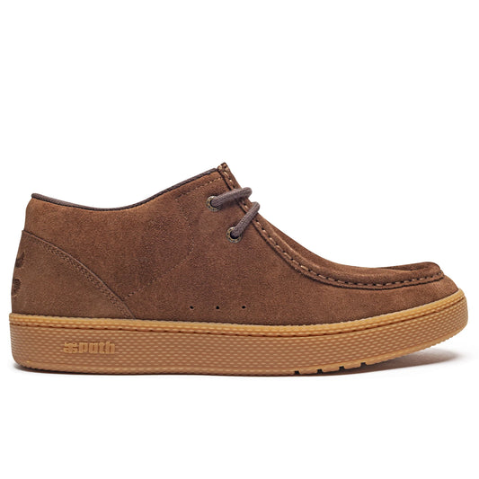 Brown suede shoe with a white background