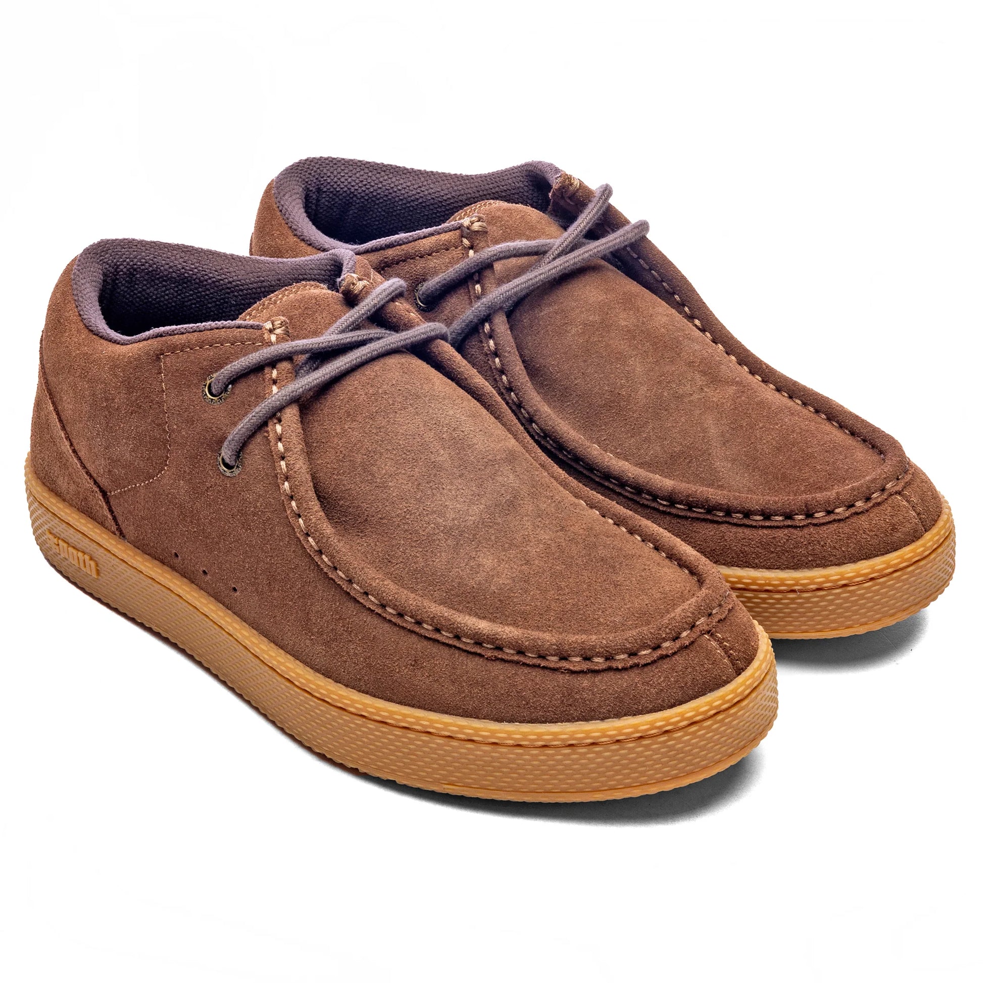 Pair of brown suede shoes with tan soles on a white background