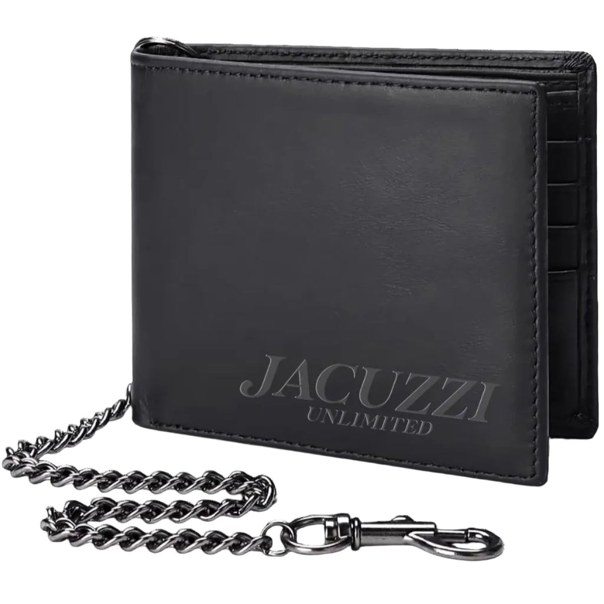 Black leather wallet with chain on a white background, featuring 'Jacuzzi Unlimited' branding.
