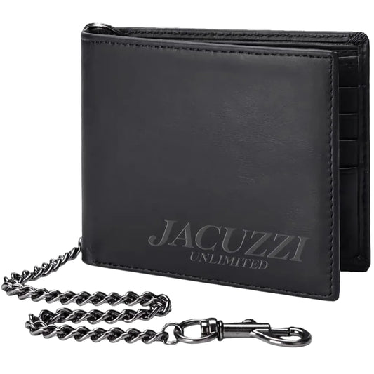 Black leather wallet with chain on a white background, featuring 'Jacuzzi Unlimited' branding.