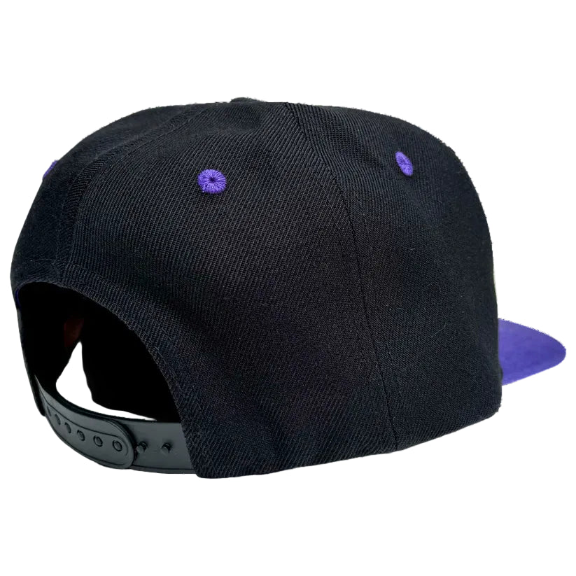Black cap with purple accents on a white background