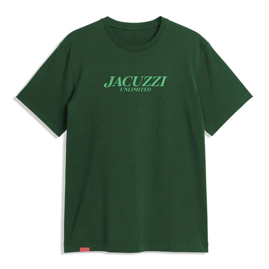 Green t-shirt with 'Jacuzzi Unlimited' text on a white background