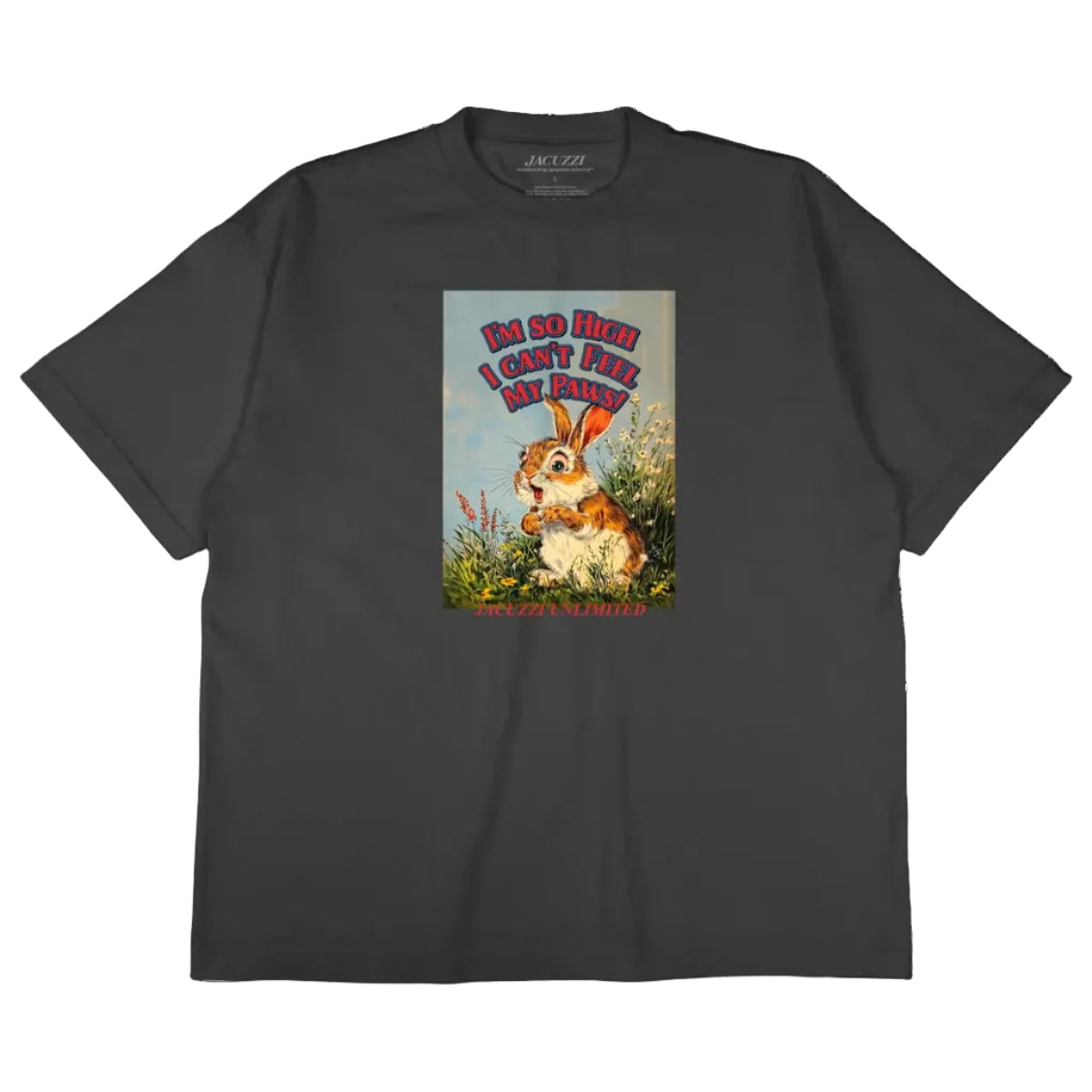 Black t-shirt with a graphic of a dog and text on a white background