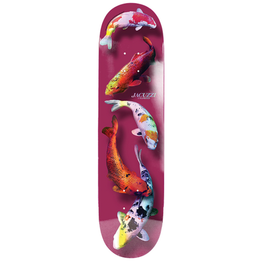 Skateboard deck with colorful koi fish design on a white background