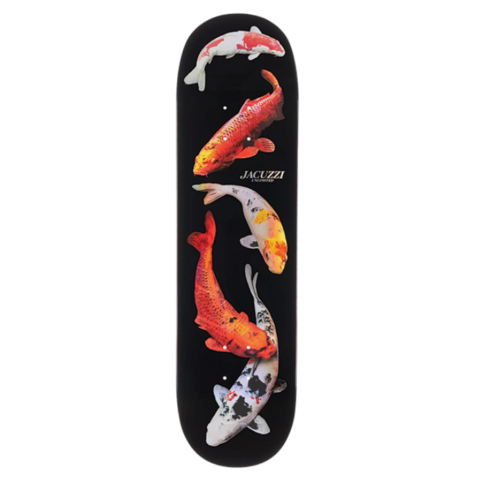 Skateboard deck with koi fish design on a black background