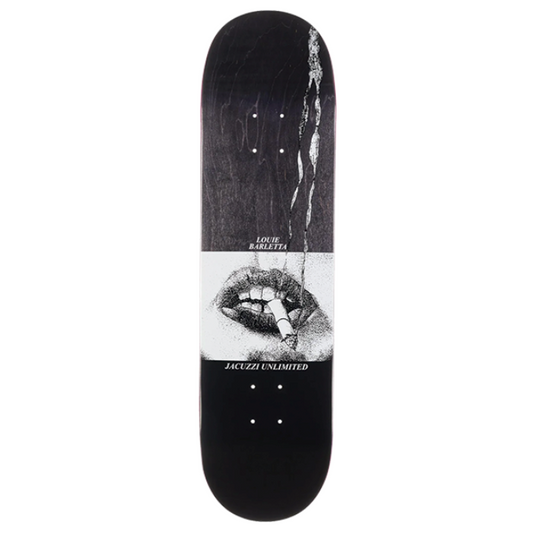 Skateboard deck with a graphic design on a white background