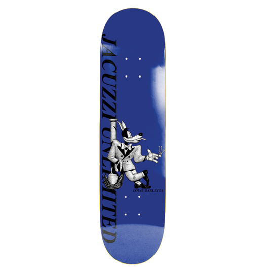 Blue skateboard deck with a graphic design on a white background