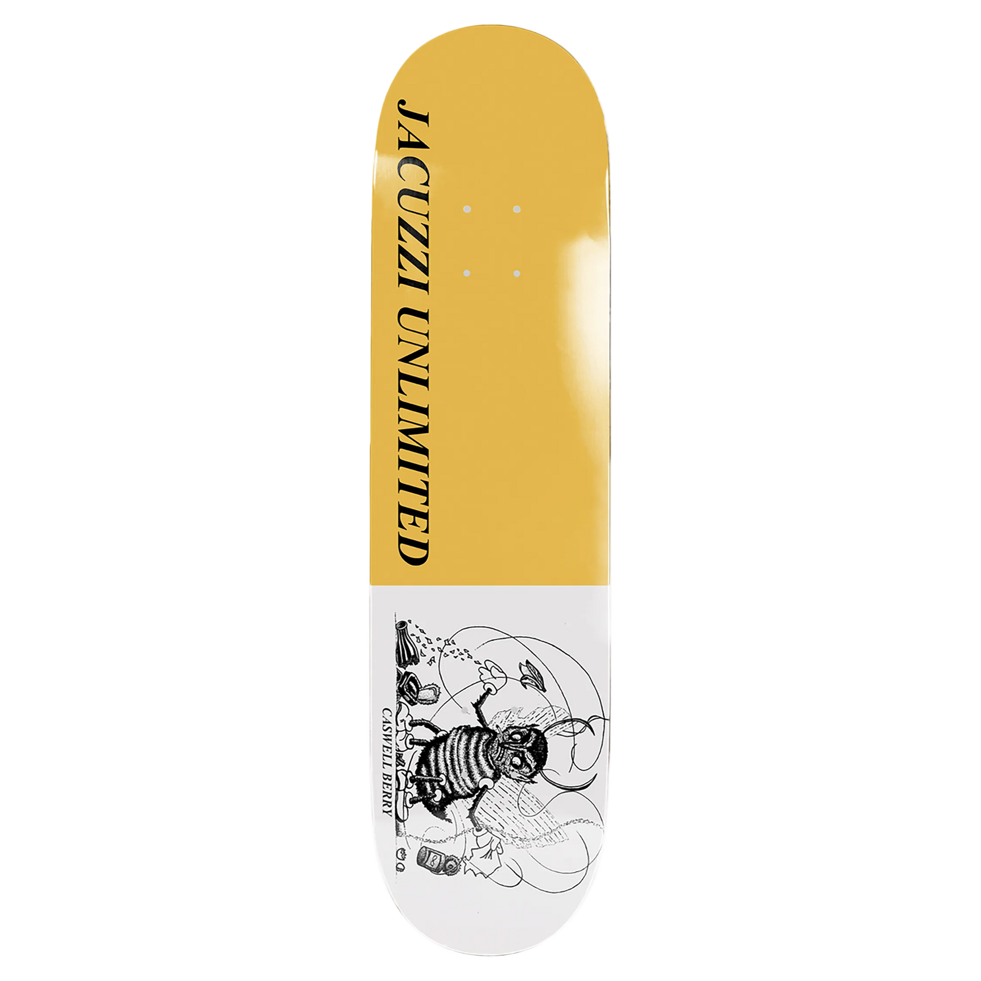 A skateboard deck shown vertically against a plain white background. The top section is a warm mustard yellow with the text 'JACUZZI UNLIMITED' printed in black, and the bottom section is white with a black-and-white bee illustration