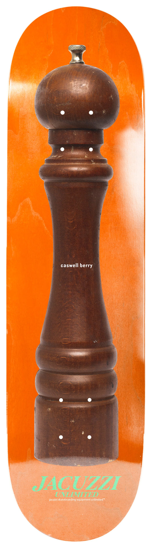 Wooden pepper grinder on a skateboard deck with an orange background