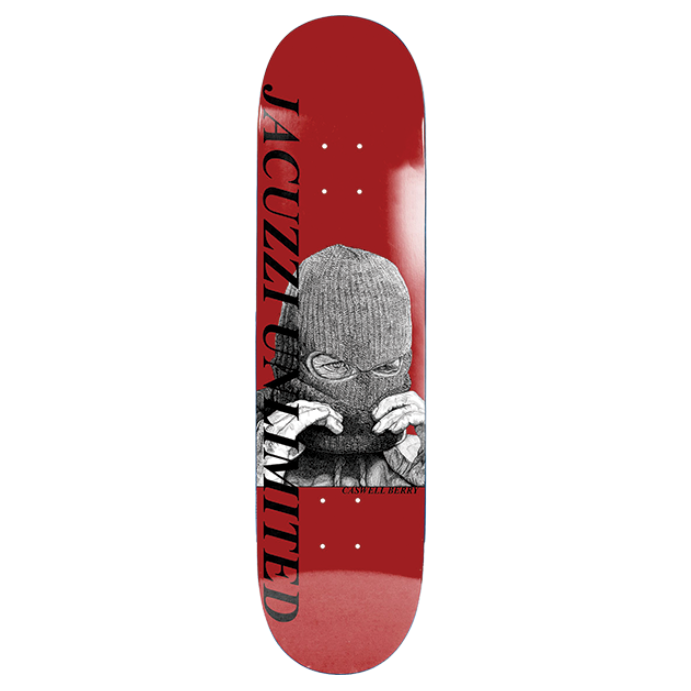 Skateboard deck with a graphic design of a person wearing a mask on a red background