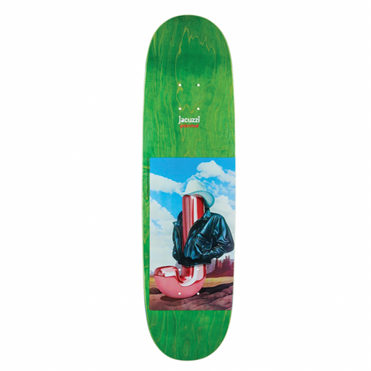 Skateboard deck with a colorful design on a white background
