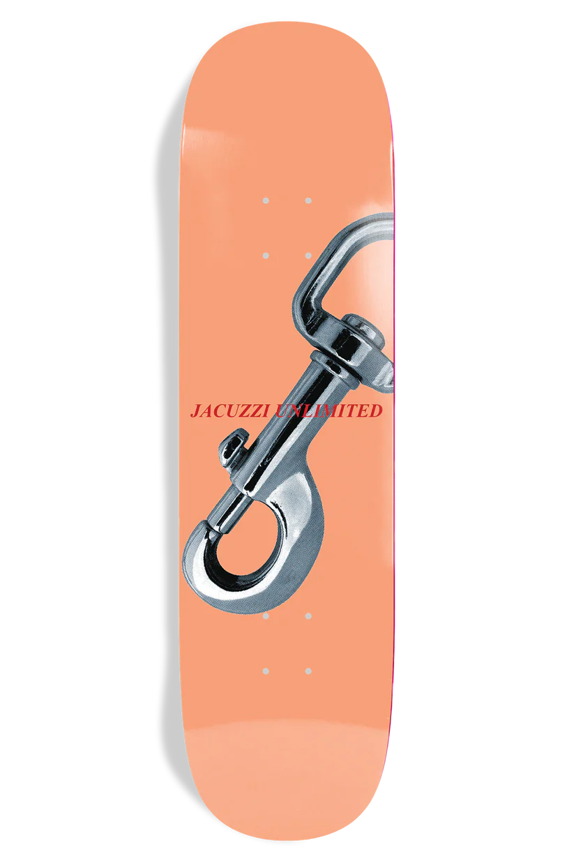 Skateboard deck with a metal clip design on an orange background, featuring the brand 'Jacuzzi Skateboards'.