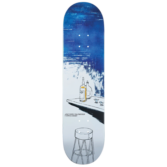 Skateboard deck with a blue and white design on a white background