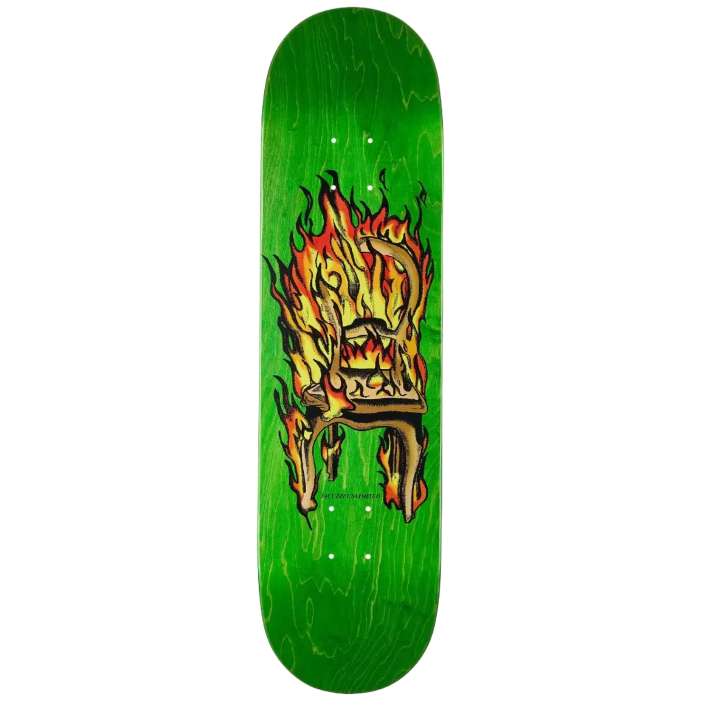 Green skateboard deck with a flaming skull design on a white background