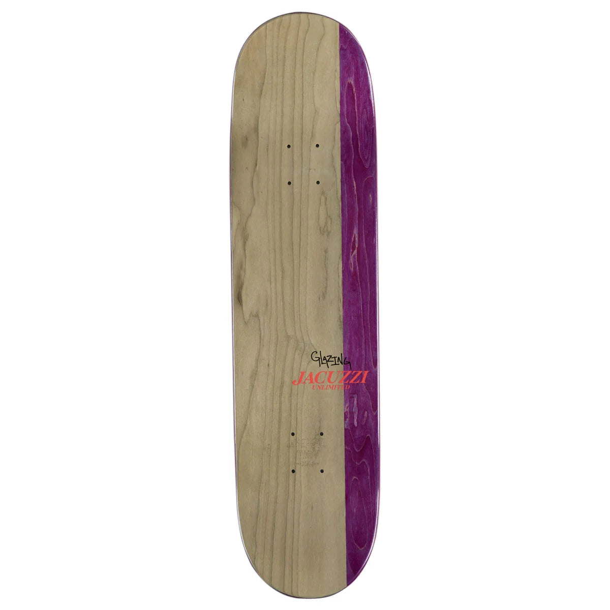 A skateboard deck shown from the underside, featuring a natural wood grain finish on the left side and a vibrant purple graphic on the right side. The brand name 'GABriel Jacosta' is printed in red and black near the center.