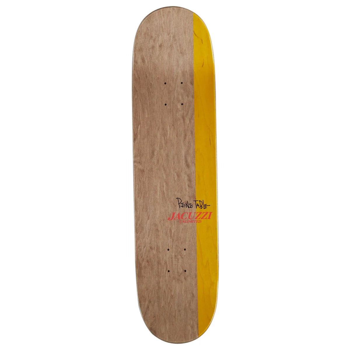 A wooden skateboard deck shown vertically against a plain white background, featuring a natural wood grain finish on the left side and a bright yellow stripe on the right. The deck has grip tape squares near the nose and tail, and a graphic logo in the center that reads 'Parker Twix' and 'JACK LEE'.