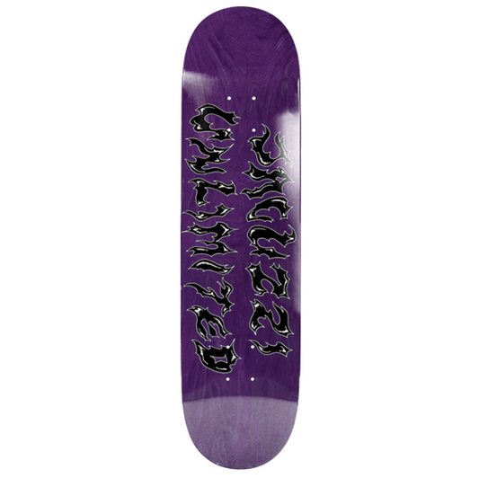 Purple skateboard deck with black text on a white background