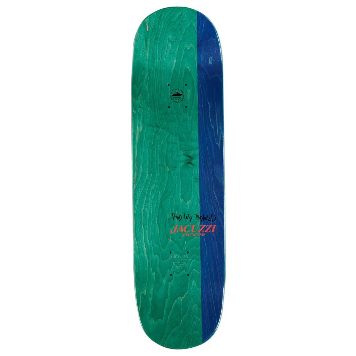 A skateboard deck shown from the underside, featuring a split design with a green wood-grain finish on the left and a blue wood-grain finish on the right. The brand name 'JACUZZI' is printed in red near the center.
