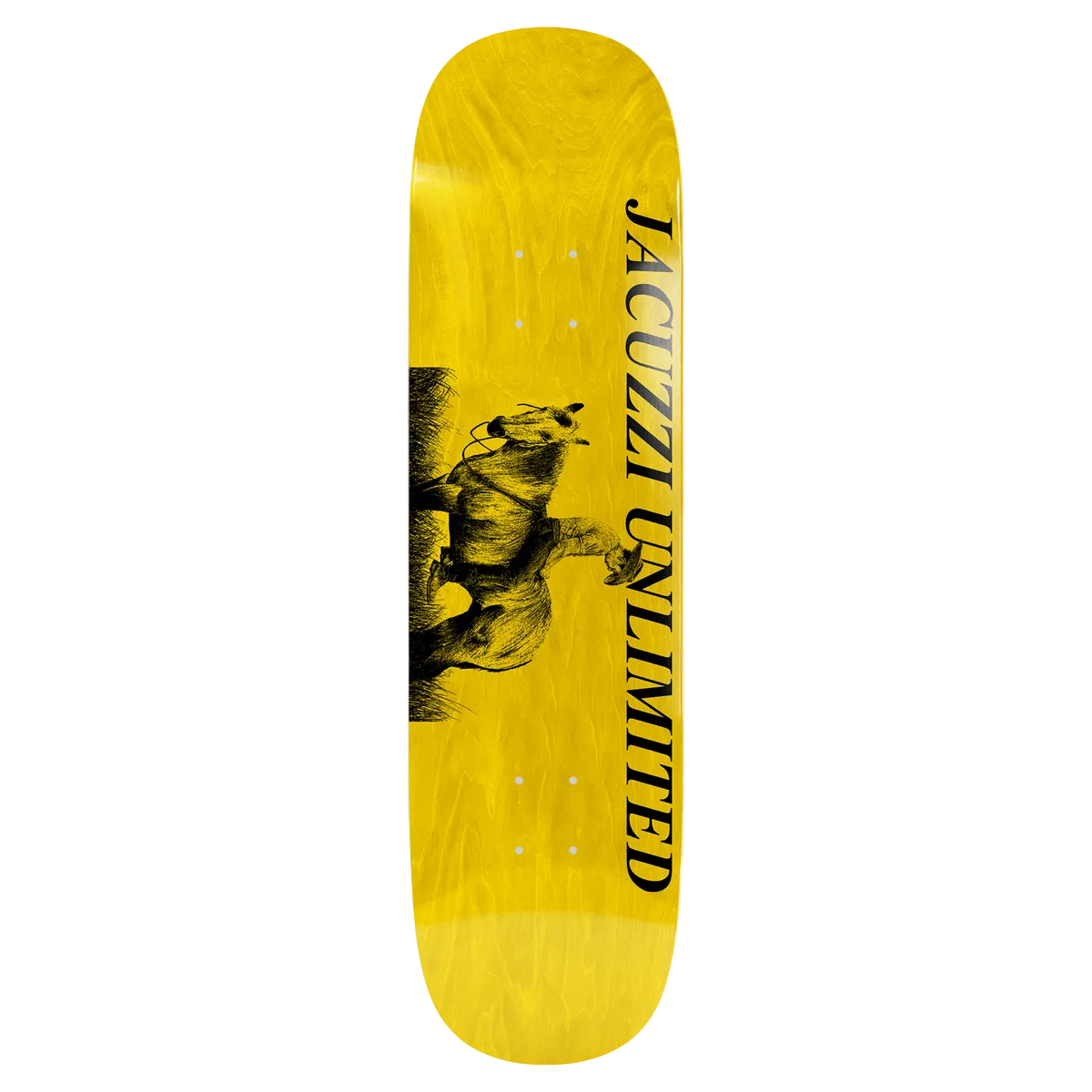 A yellow skateboard deck with a black graphic of a bear and the vertical text 'JACUZZI UNLIMITED' printed on the side, shown against a plain white background.