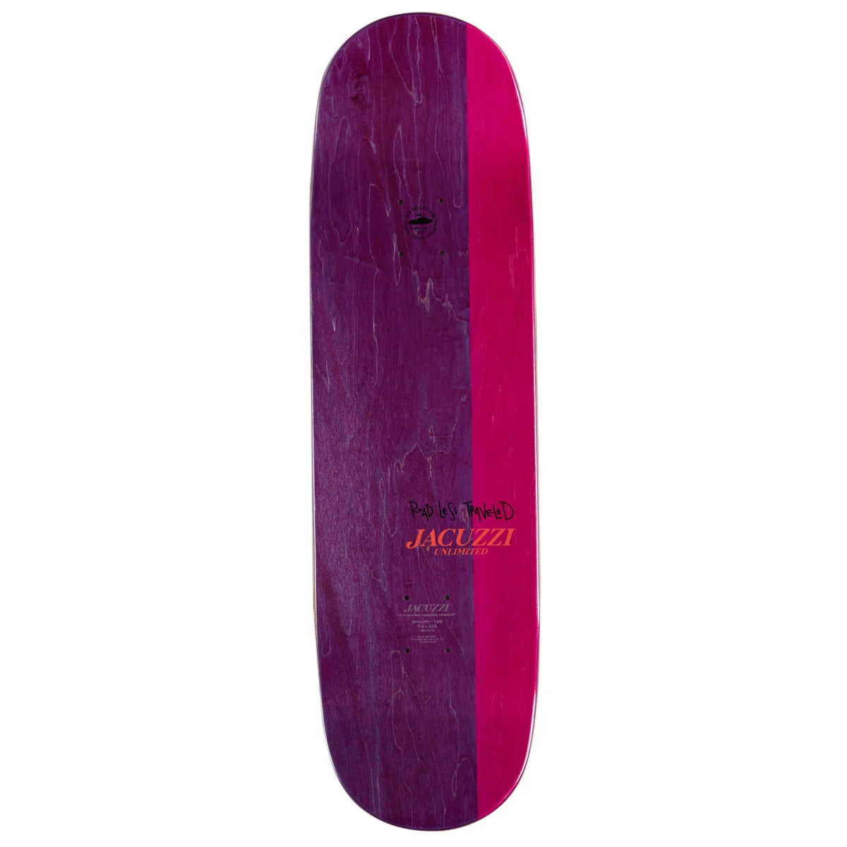 A vertical skateboard deck shown from the underside, featuring a dual-tone design with a dark purple left side and a bright pink right side. The brand name 'JACUZZI' is printed in orange and black near the center.