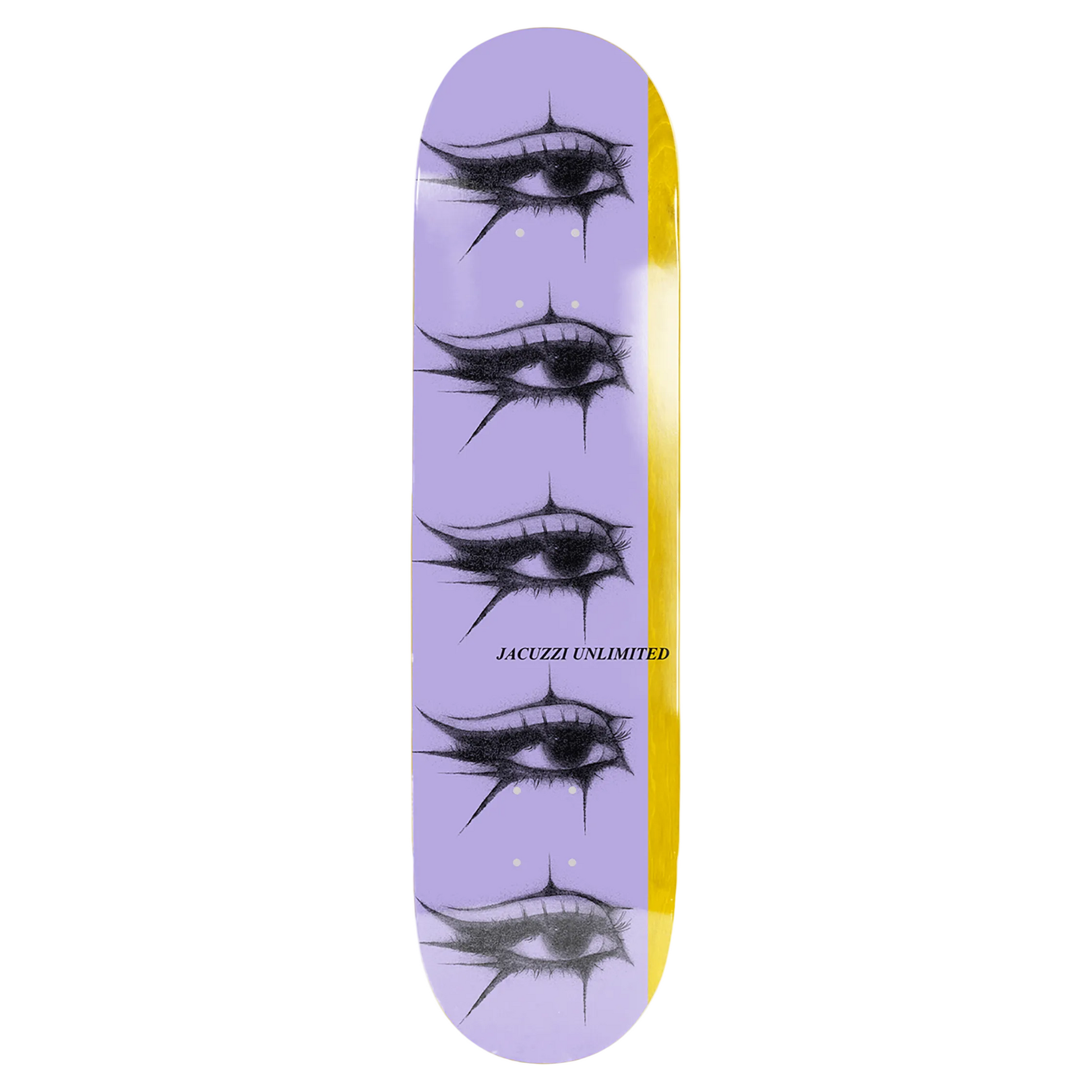 A skateboard deck with a lavender purple background, featuring a vertical yellow stripe on the right edge and four stylized black thorny eyes printed down the center. The text 'JACCUZi UNLIMITED' is printed in black near the middle.