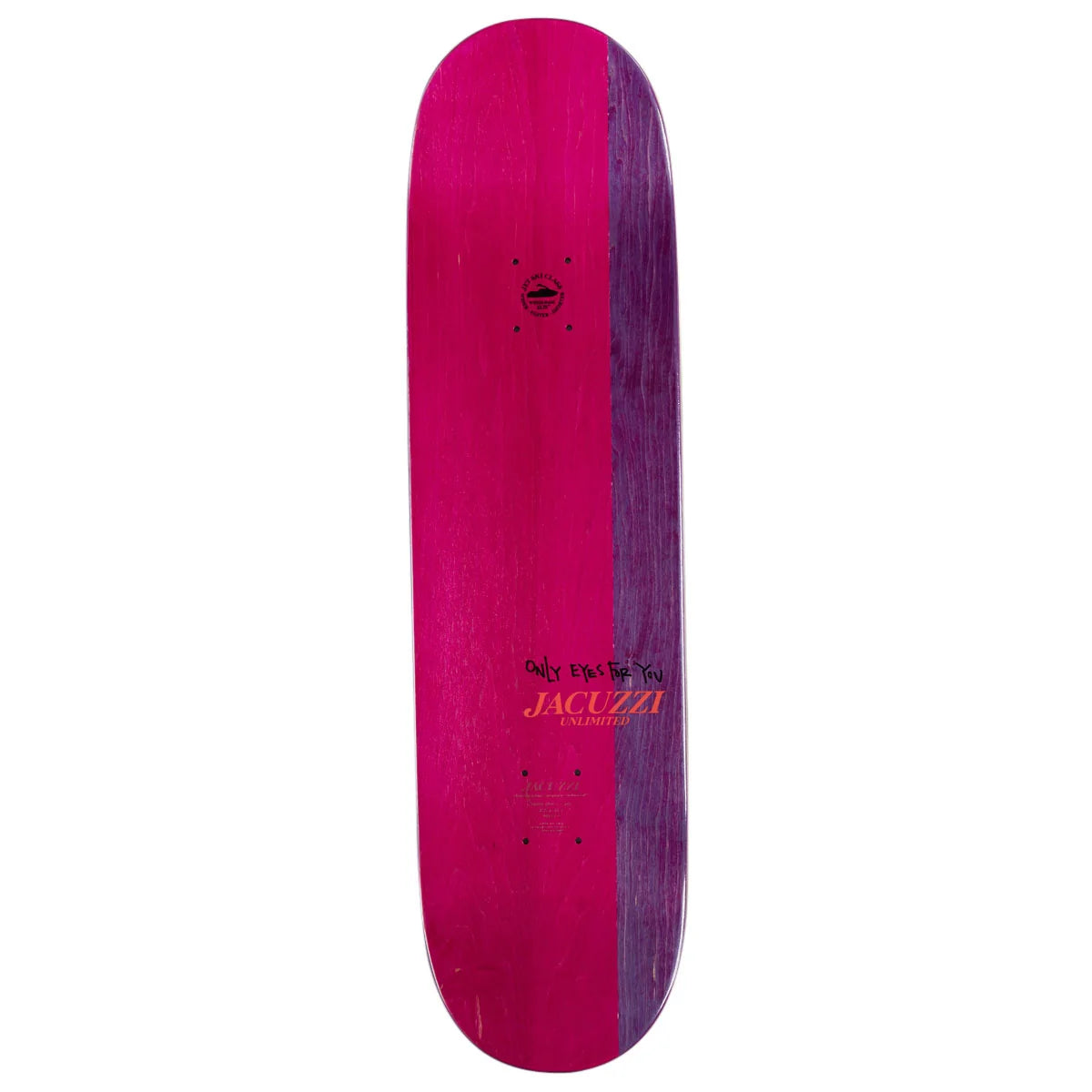 A skateboard deck shown vertically against a plain white background. The deck features a vibrant magenta-pink wood grain finish on the left side and a dark purple wood grain finish on the right side.